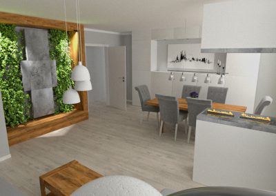 wizualizacja salonu z zainstalowanym ogrodem wertykalnym