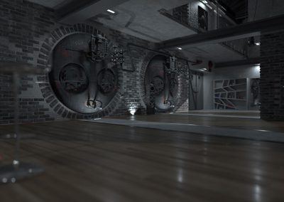 wizualizacja wnętrza typu loft nocą z płonącym kominkiem