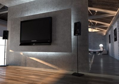 wizualizacja wnętrza typu loft telewizor wiszący na ścianie