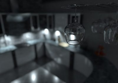 wizualizacja wnętrza typu loft widzące kieliszki wieczorem