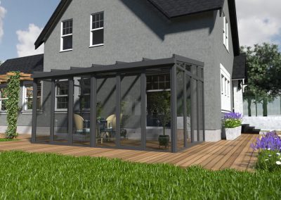 wizualizacja domu wraz z ogrodem zimowym otoczonego roślinnością